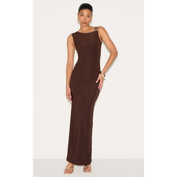 Chocolate Double Slinky Asymmetric Trim Detail Maxi Dress