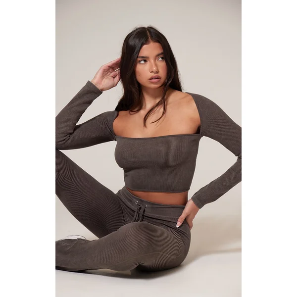 Chocolate Faded Snatched Rib Sleeve Detail Crop Top