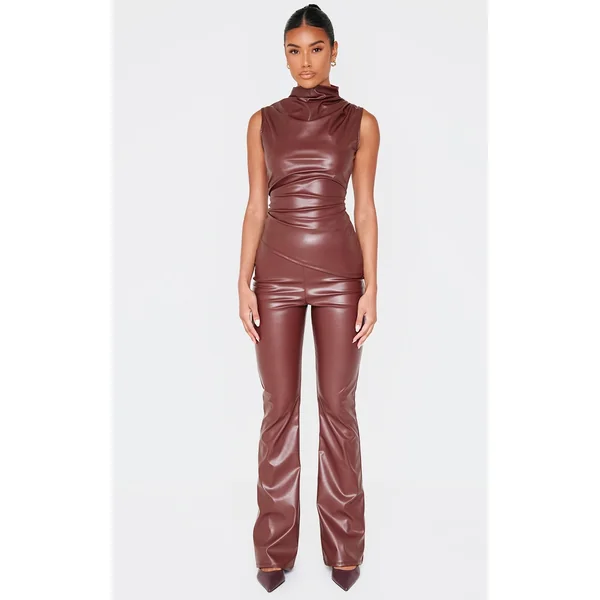 Chocolate Faux Leather High Waisted Flares