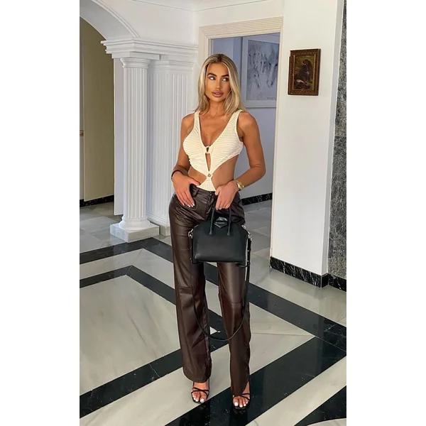 Chocolate Faux Leather Pleat Detail Wide Leg Pants