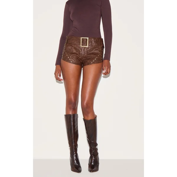 Chocolate Faux Leather Studded Belted Hot Pants