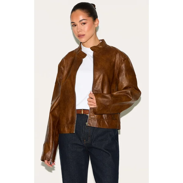 Chocolate Faux Leather Washed Boxy Biker Jacket
