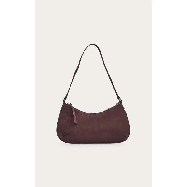 Chocolate Faux Suede Baguette Shoulder Bag