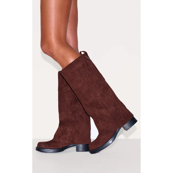 Chocolate Faux Suede Block Heeled Fold Over Knee High Boots