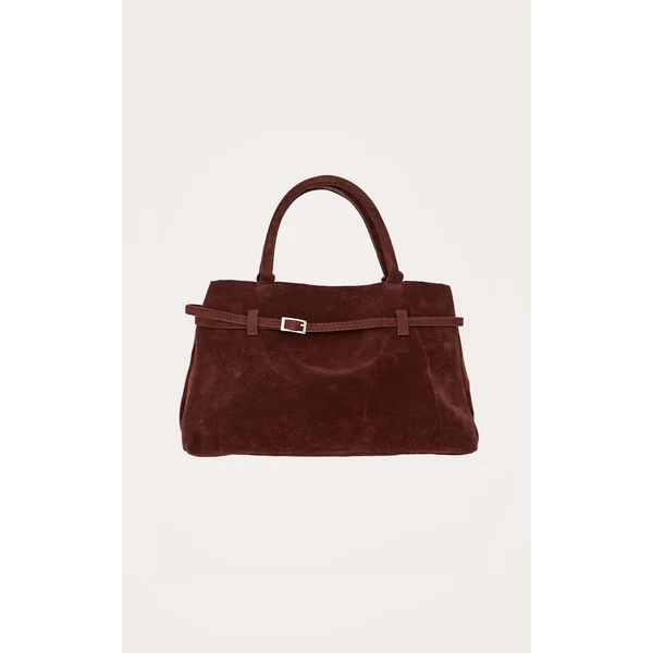 Chocolate Faux Suede Buckle Square Tote Bag