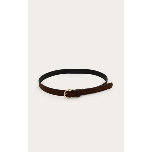 Chocolate Faux Suede Gold Crescent Buckle Skinny Belt