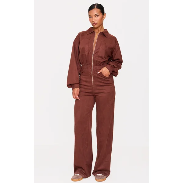 Chocolate Faux Suede Long Sleeve Straight Leg Jumpsuit
