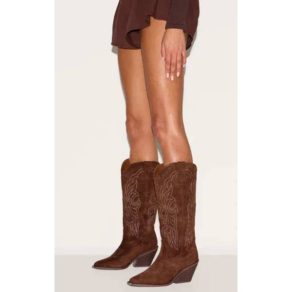 Chocolate Faux Suede Point Toe Calf High Western Boots