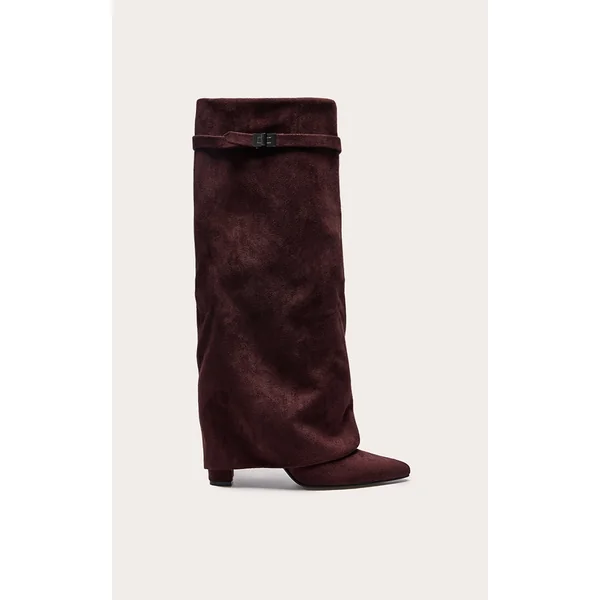 Chocolate Faux Suede Point Toe Fold Over Knee Block Heeled Boots