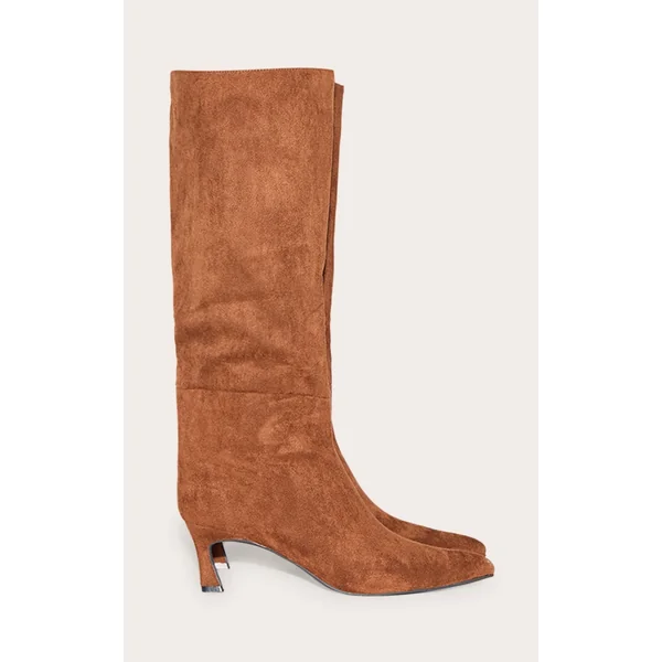Chocolate Faux Suede Point Toe Mid Heeled Knee High Boots