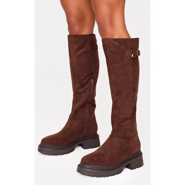 Chocolate Faux Suede Round Toe Chunky Sole Knee High Boots