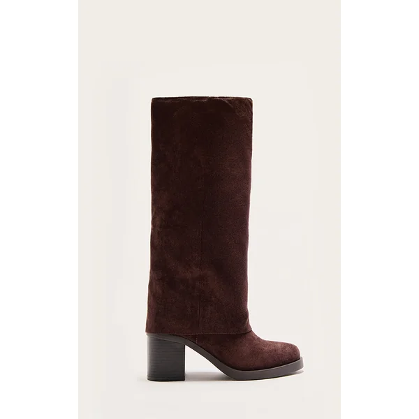 Chocolate Faux Suede Round Toe Fold Over Low Block Heel Boots