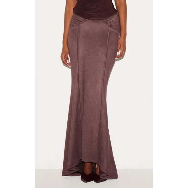 Chocolate Faux Suede Ruching Waist Detail Maxi Skirt