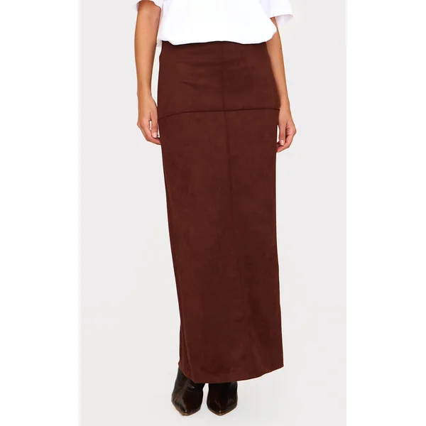 Chocolate Faux Suede Seam Detail Column Maxi Skirt