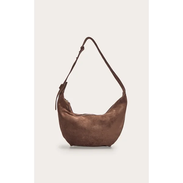 Chocolate Faux Suede Slouchy Crescent Cross Body Bag