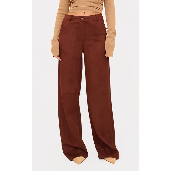 Chocolate Faux Suede Tailored Straight Leg Pants