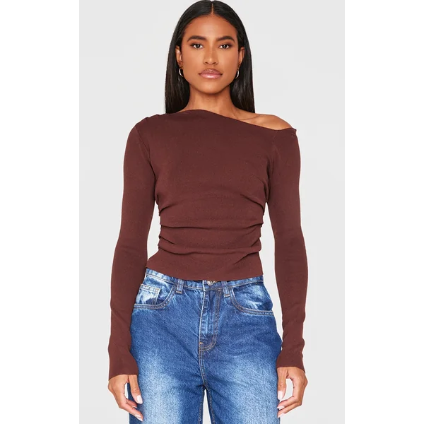 Chocolate Fine Knit Asymmetric Top