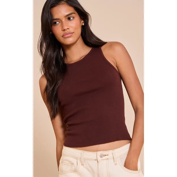 Chocolate Fine Knit Racer Neck Top