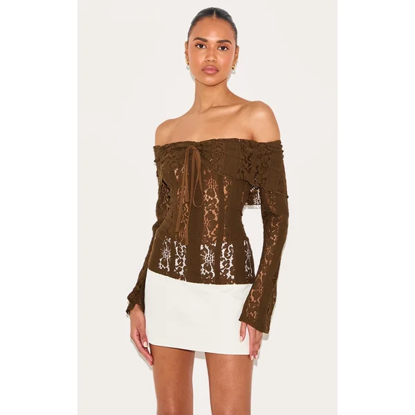 Chocolate Fitted Lace Flared Sleeve Bardot Top