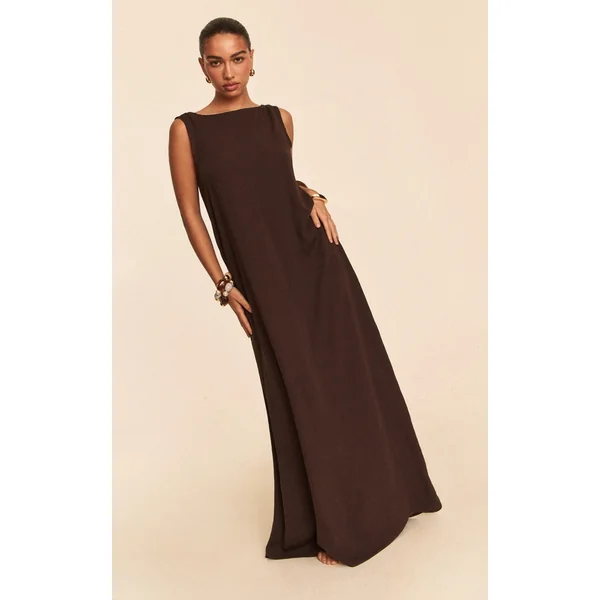 Chocolate Floaty Woven Boat Neck Maxi Beach Dress