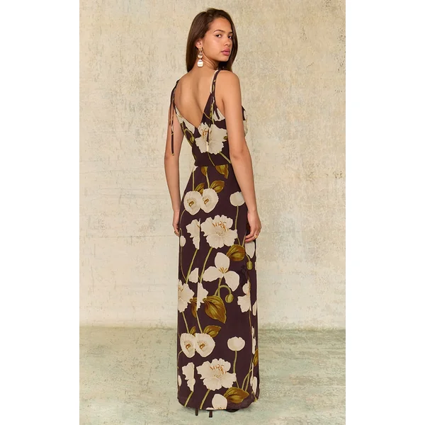 Chocolate Floral Chiffon Cowl Maxi Dress