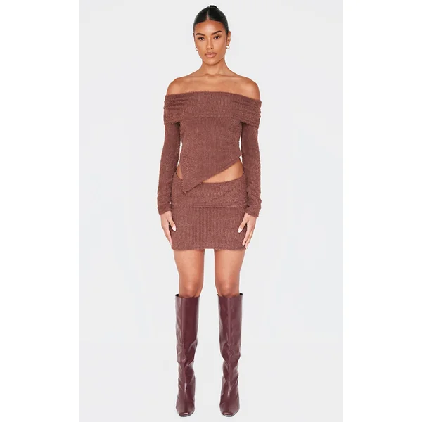 Chocolate Fluffy Fold Over Mini Skirt