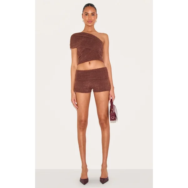 Chocolate Fluffy Textured Fold Over Hot Pants