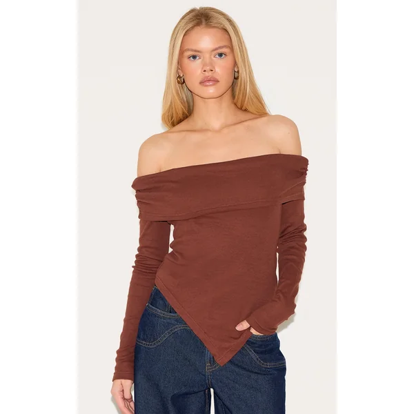 Chocolate Fold Over Bardot Dipped Hem Long Top