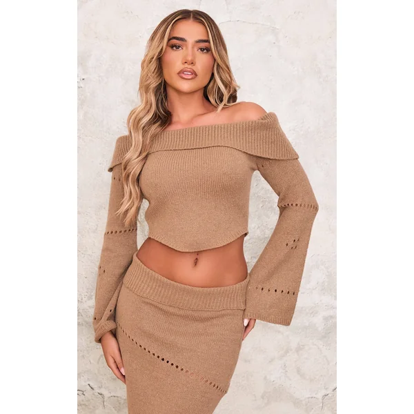 Chocolate Fold Over Bardot Knit Long Sleeve Top
