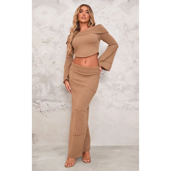 Chocolate Fold Over Knit Maxi Skirt