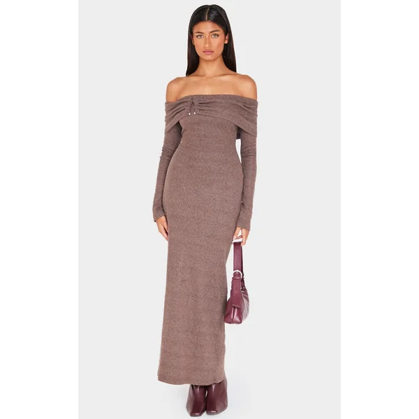 Chocolate Heavy Brushed Rib Bardot Trim Maxi Dress