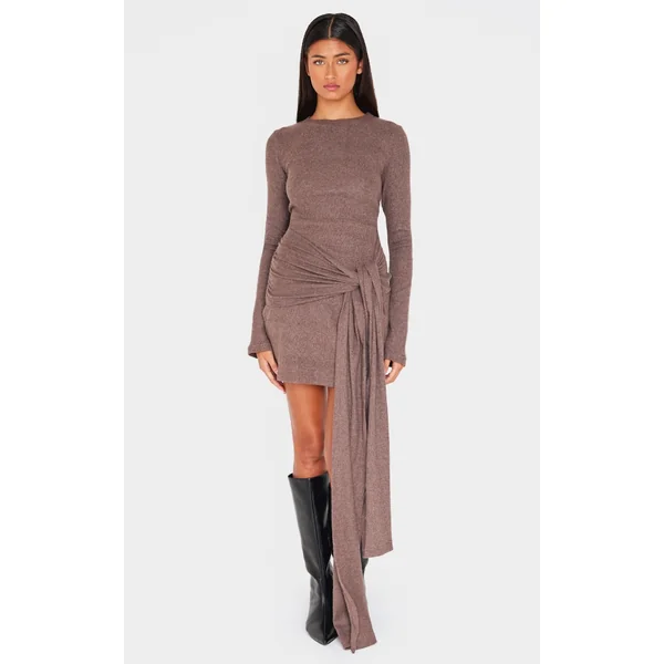 Chocolate Heavy Brushed Rib Boat Neck Wrap Tie Bodycon Dress