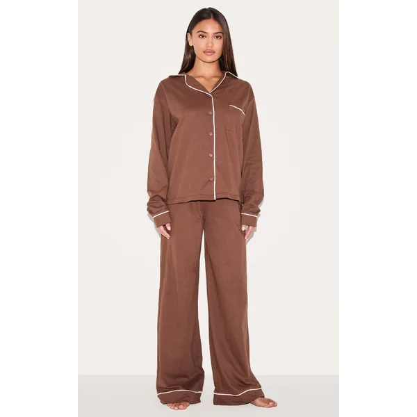 Chocolate Jersey Contrast Piping Detail Long Pj Set