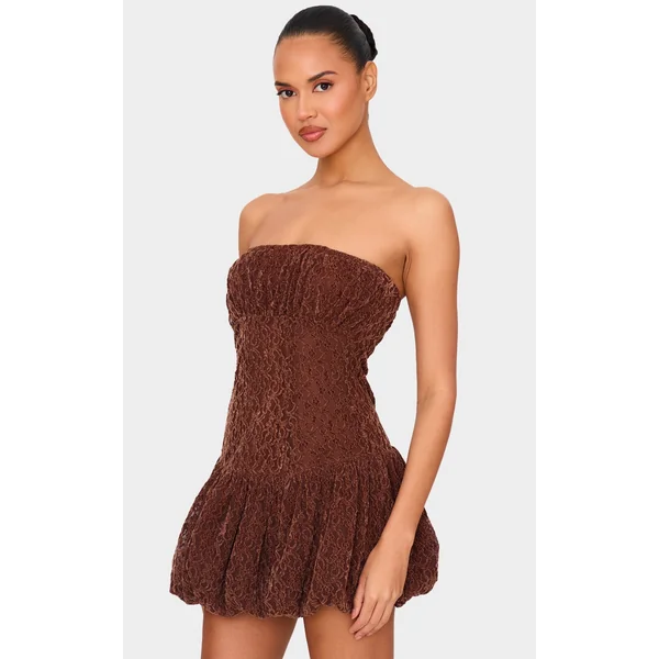 Chocolate Lace Bandeau Ruched Mini Dress