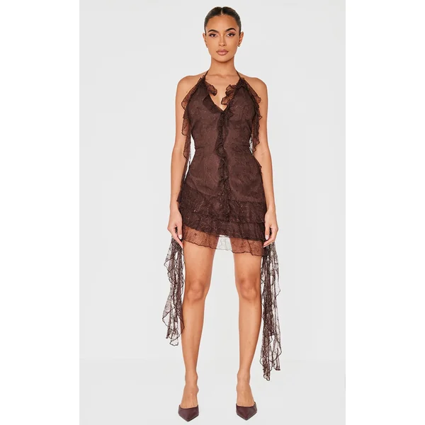 Chocolate Lace Frill Detail Halterneck Backless Bodycon Dress