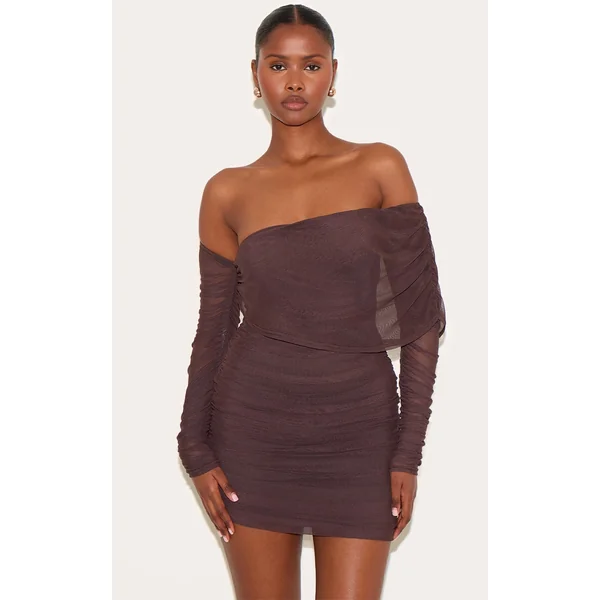 Chocolate Layered Mesh Asymmetric Long Sleeve Mini Dress