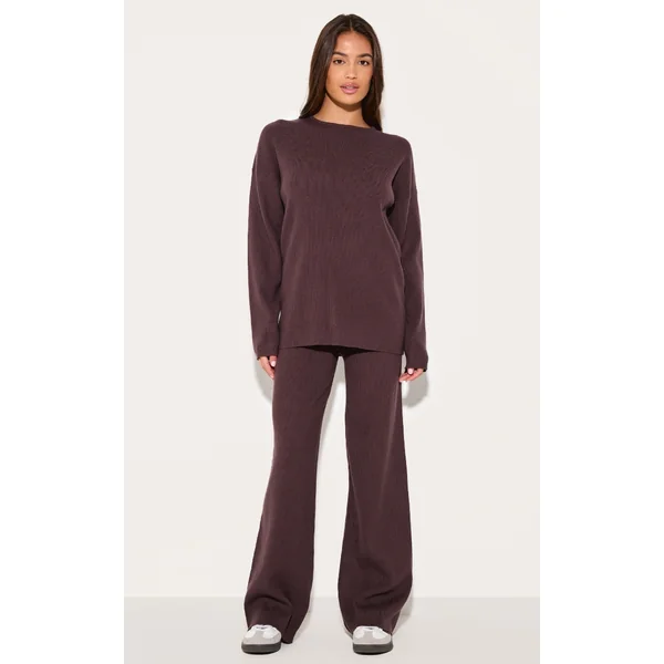 Chocolate Light Rib Knit Wide Leg Pants