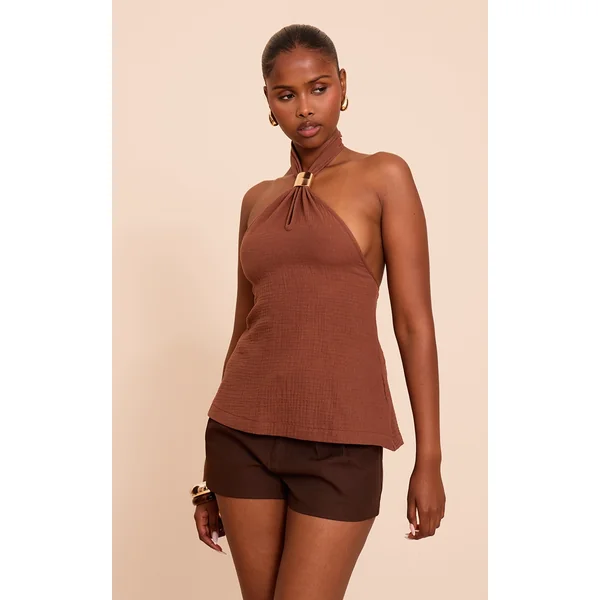 Chocolate Lightweight Woven Halterneck Trim Detail Top