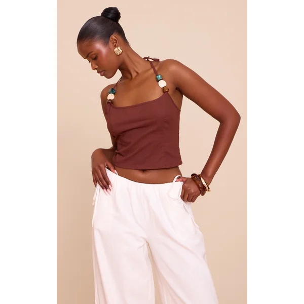 Chocolate Lightweight Woven Trim Detail Halterneck Top
