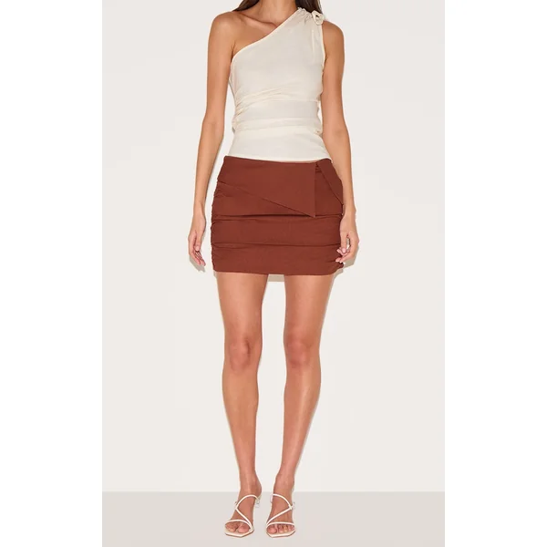 Chocolate Linen Blend Foldover Ruched Mini Skirt