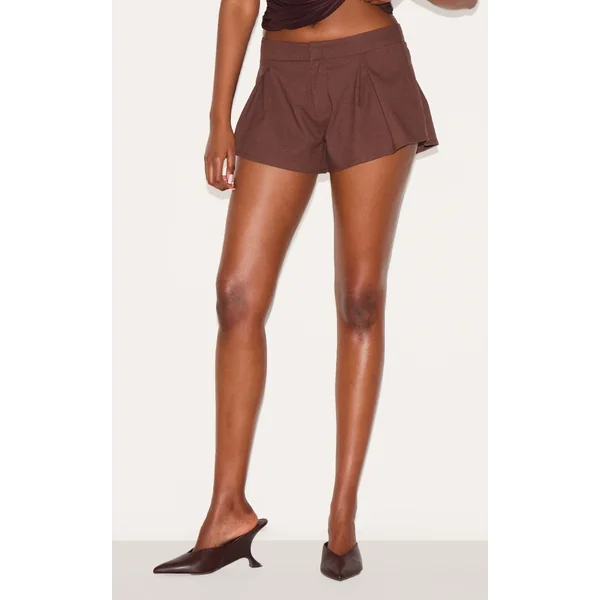 Chocolate Linen Blend Pleat Detail Tailored Shorts