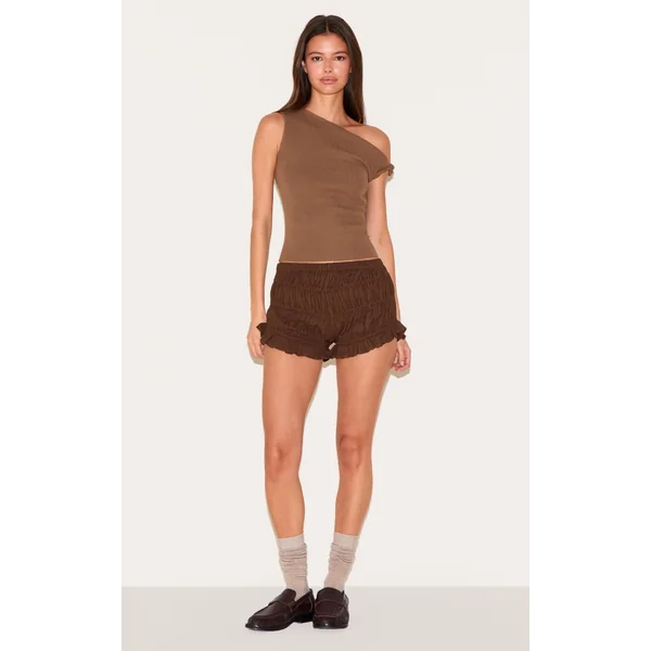 Chocolate Linen Blend Ruched Bloomer Shorts