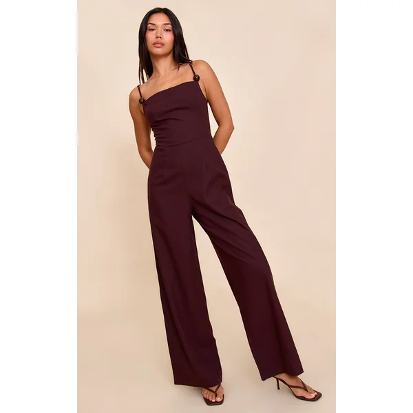 Chocolate Linen Blend Straight Neck Bead Detail Jumpsuit