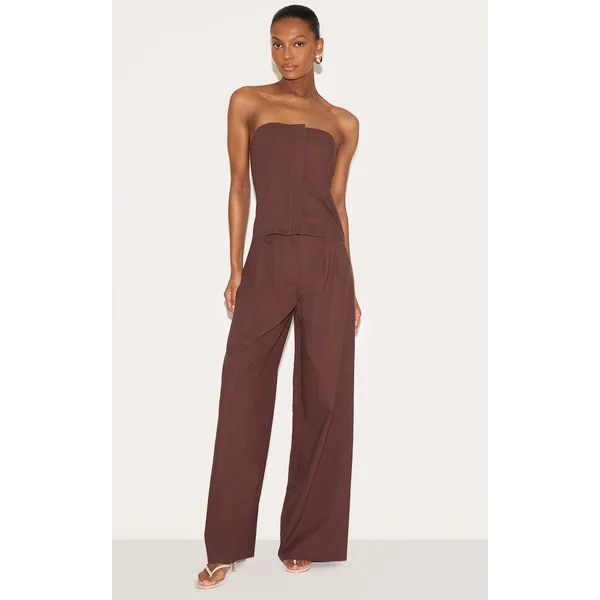 Chocolate Linen Blend Tailored Bandeau Wide Leg Jumpsuit