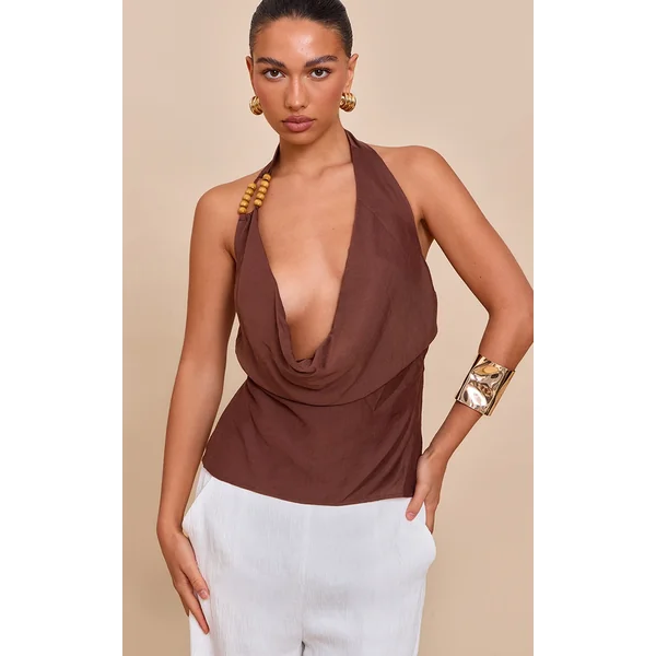 Chocolate Linen Look Bead Detail Cowl Neck Top
