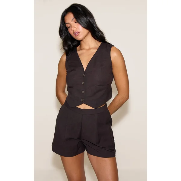 Chocolate Linen Look Boxy Detail Vest