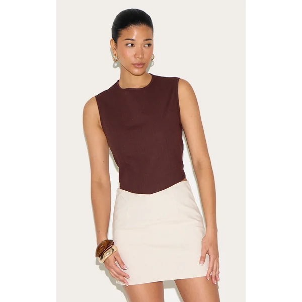 Chocolate Linen Look Boxy Pointed Hem Top