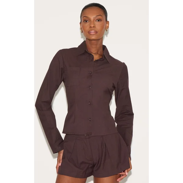 Chocolate Linen Look Button Up Fitted Shirt