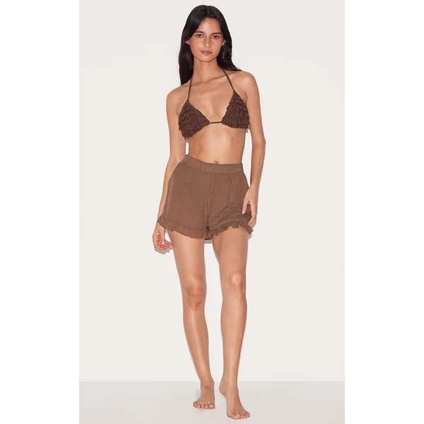 Chocolate Linen Look Frill Edge Shorts