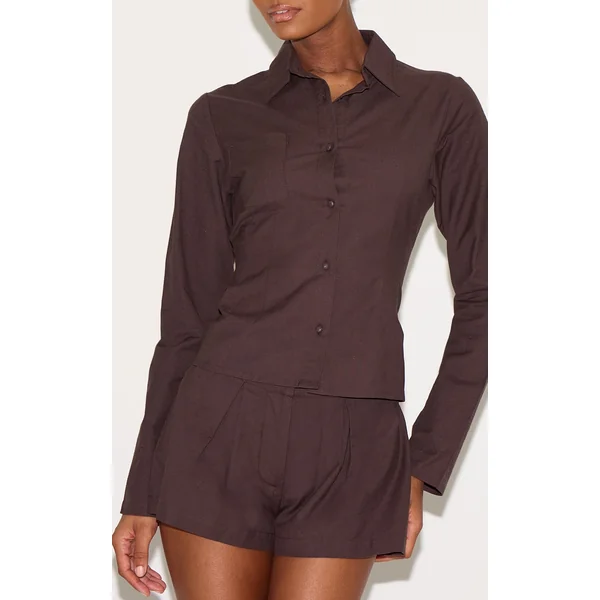 Chocolate Linen Look Pleated Mini Shorts